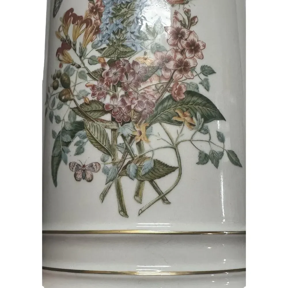 Vintage Pair White Gold Trim Ceramic Table Lamps With Floral Birds Butterflies